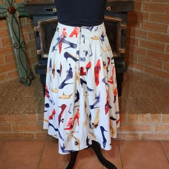 Depri White Swing Skirt Multicolor High Heel Print Size S - Picture 2 of 6